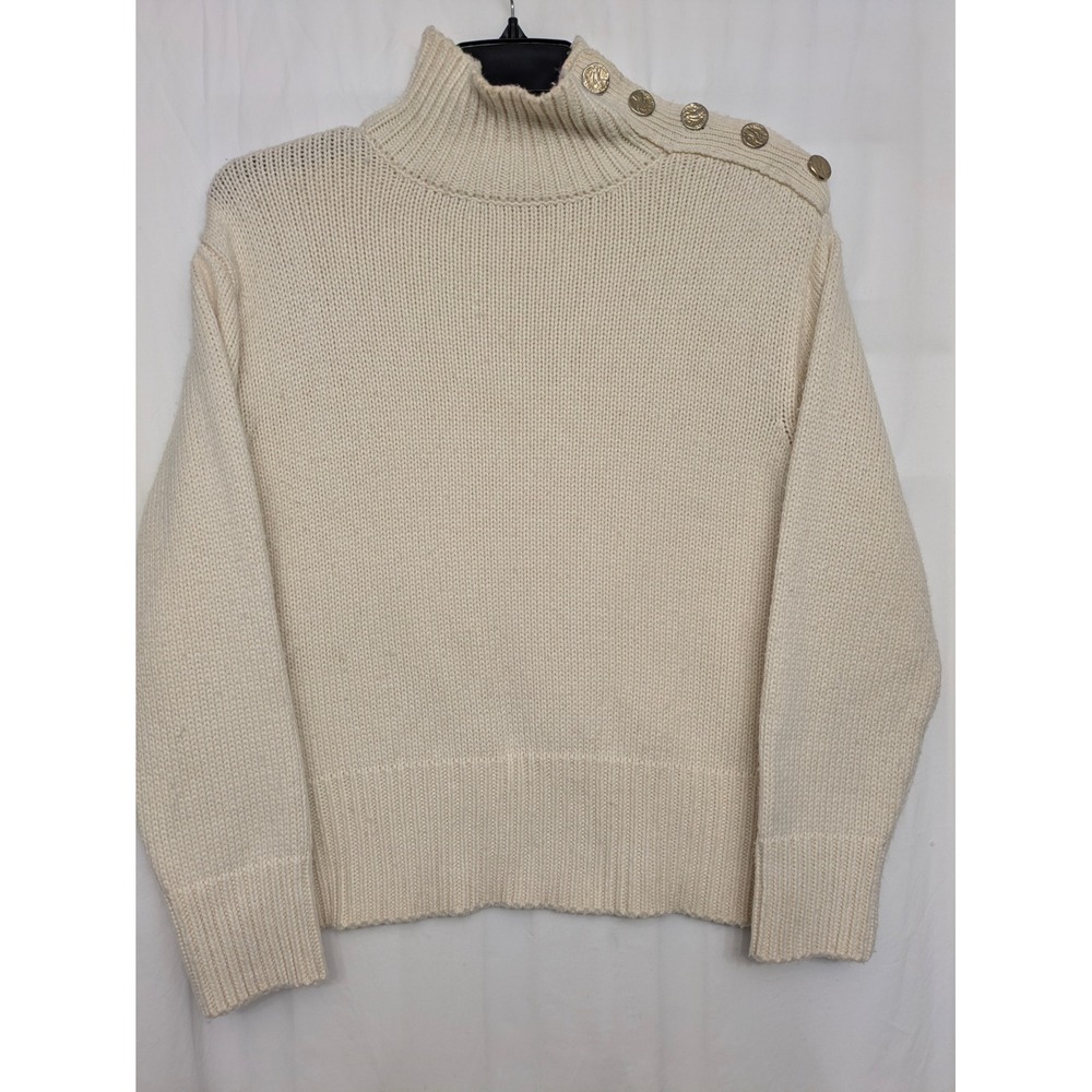 Zara Knit Cream Mock Neck Button Shoulder Wool Blend Sweater Small Ivory